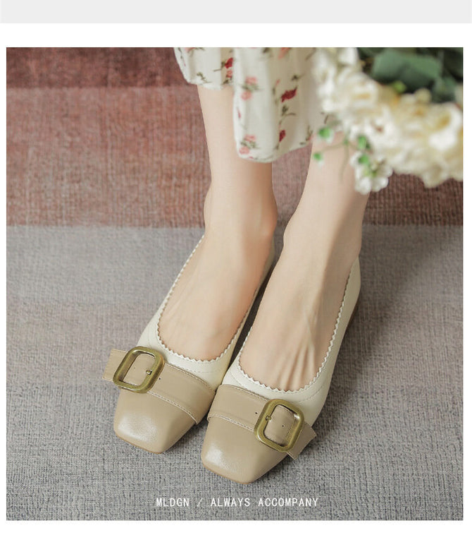 Square toe thick heel shoes women's 2022 new square buckle soft all-match shallow mouth mid-heel women's work shoes 1366-12