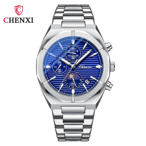 Chenxi Multi-Functional Men's Watch Moon Calendar Timing Waterproof Black Steel Belt Quartz Watch CX-962