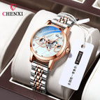 Chenxi new fashion luminous waterproof watch women's solid steel belt hollow automatic mechanical watch