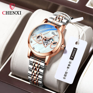 Chenxi new fashion luminous waterproof watch women's solid steel belt hollow automatic mechanical watch