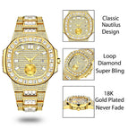 MISSFOX fashion punk hip hop full diamond men's watch gold waterproof calendar quartz watch tide V299
