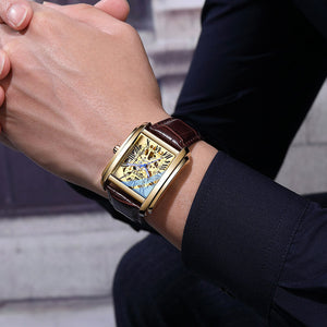 CHENXI Square Skeleton Automatic Mechanical Watch Men's fashion Leather Waterproof men's casual Watch CX-8816