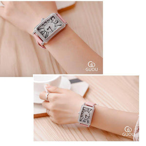 Guou 8201 Crystal Bling Woman Women watches Fashion Leather Rectangle Watches Female Wristwatch
