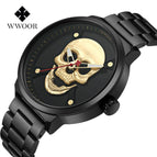 WWOOR Fashion Skull Men's Mesh Quartz Watch Black Solid Steel Creative Casual Watch 8867