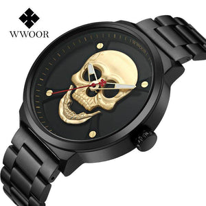 WWOOR Fashion Skull Men's Mesh Quartz Watch Black Solid Steel Creative Casual Watch 8867