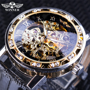 Winner Watch Men's Fashion Casual Classic Popular Rhinestone Hollow Manual Mechanical men Watch SLZg48