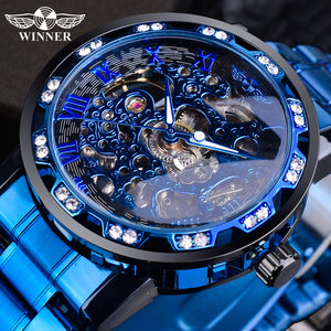 New Winner Watch Men's Fashion Casual Classic Popular Hollow Rhinestone Manual Mechanical Watch SLZg75