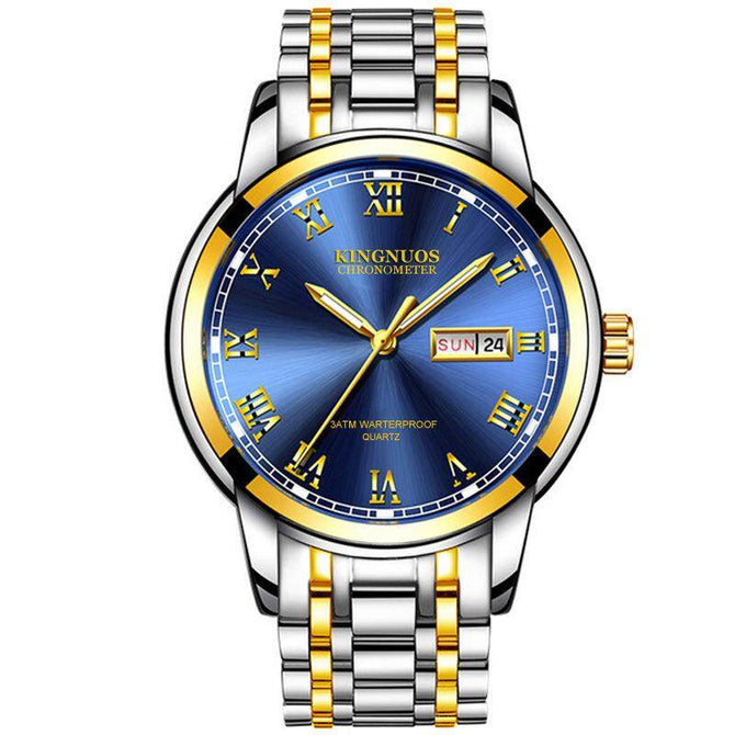 Kingnuos 1758 Double Calendar Steel Band Watch Round Genuine Quartz Watch Business Non Mechanical Watch