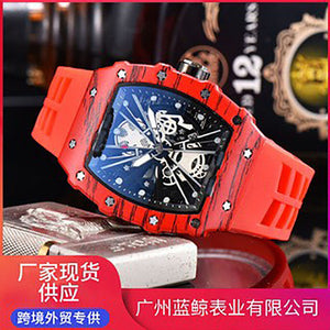 Men's watch Carbon Fiber Wood Grain Quartz Watch Barrel Shape Fashion Hollowed-out Quartz Waterproof Watch 9791E