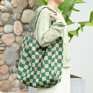 Korean leisure literature canvas bag ins simple printing contrast handbag net red fashion lattice shoulder bag female sr2132