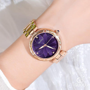 Luxury GUOU 6006 Rose Gold Women Watch Lady Fashion Crystal Bracelet Quartz Flower Dial Stainless Steel Watch