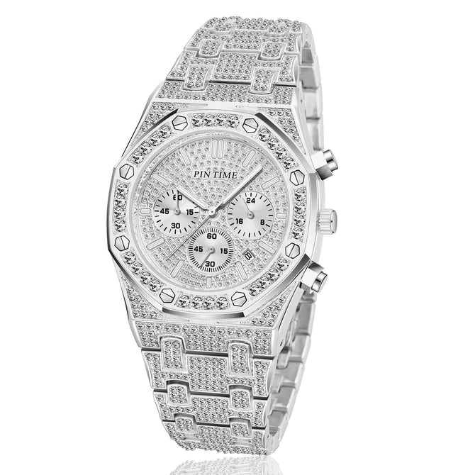 PINTIME watch  full diamond multi-function three-eye fashion rhinestone waterproof men's watch