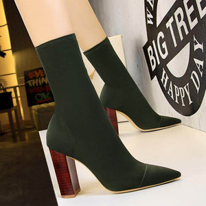 3129-3 Korean fashion short boots simple wood grain with thick heels elastic high heels Lycra sexy office shoes thin short boots