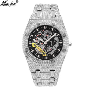 MISSFOX watch European and American explosion models full diamond hollow mechanical watch waterproof luminous stainless steel men's watch V301 Mechanical