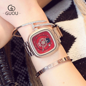 Guou8150 square European and American fashion steel band waterproof watch calendar personality trend men's and women's neutral couple Watch