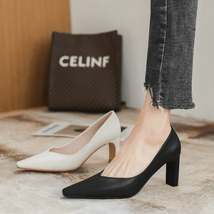 Thick heel shoes women's new fashion soft leather shallow mouth professional women's shoes square head small high heels B65-1