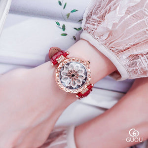 GUOU 6607 women's watch Genuine watches Women's leather strap watches come and go Petal quartz watches gifts
