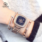 Guou8150 square European and American fashion steel band waterproof watch calendar personality trend men's and women's neutral couple Watch