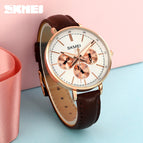 Skmei women's watch fashion six needle leather lady watch retro wind leather round women's watch quartz watch