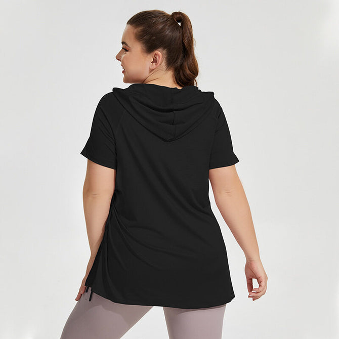 Plus size women T-shirt Slim Fit Thin Fitness Clothes Women's Hooded Short-Sleeved Sports T-shirt Quick-Drying Large Size Long Thigh-Length Yoga running sports Top YY158