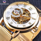 Forsining Watch Men's Fashion Casual Mesh Belt Hollow Gold Manual Mechanical men business Watch SLZe92