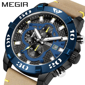Megir Men's Watch Timing Luminous Leather Large Dial Watch Sports Quartz Watch 2136G