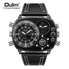 Oulm Dual Time Zone Fashion Men's Watch Quartz New Compass Leather Large Dial Men's Watch HP9865