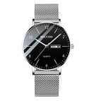 Belushi  541 2019 Men Watch Ultra Slim Steel Mesh Quartz Wristwatch Dual Calendar Simple Black Clock Male Watch