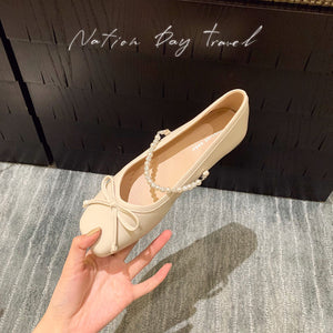 Women shoes Sheii Square Toe Bow Pearl Rhinestone Chain Mary Jane Shoes office lady casual shoes N1-105