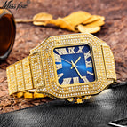 MISSFOX watch Roman scale high-end fashion diamond full diamond square men's watch women's watch round classic fashion quartz watch V324-2
