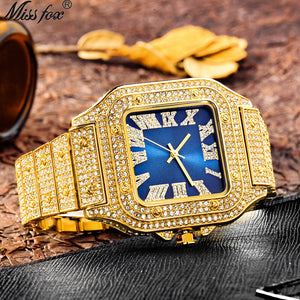 MISSFOX watch Roman scale high-end fashion diamond full diamond square men's watch women's watch round classic fashion quartz watch V324-2