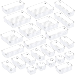 24Pcs Desk Drawer Organizer Set 5-Size Versatile Vanity and Desk Drawer Storage Bins Clear Plastic Drawer Organizer Trays and Customize Layout Organizer Container for Makeup Kitchen (Clear)