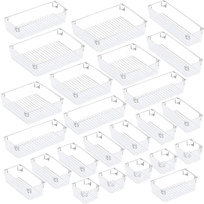 24Pcs Desk Drawer Organizer Set 5-Size Versatile Vanity and Desk Drawer Storage Bins Clear Plastic Drawer Organizer Trays and Customize Layout Organizer Container for Makeup Kitchen (Clear)