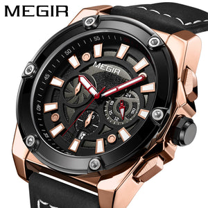 Megir Watch Men's Large Dial Multi-Function Timing Leather Sports Quartz men Watch 2122