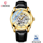 CHENXI new automatic mechanical watch men's leather strap hollow mechanical watch luminous waterproof watch CX-8821