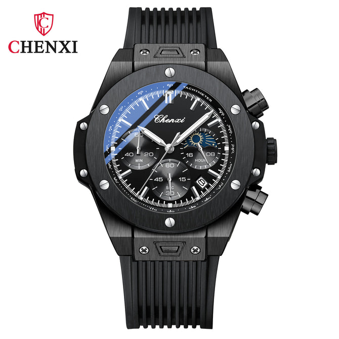 CHENXI New Rivets Cool Multifunctional Men's Watch Moon Phase Chronograph Calendar Silicone Strap Quartz Watch Men cx-939
