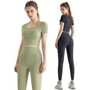 New yoga sets sports short sleeve integrated cup summer high waist running fitness pants yoga suit DXM127+CKM313
