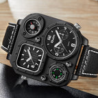 Oulm Men's quartz watch fashion watch compass large dial double time zone belt square watches for men