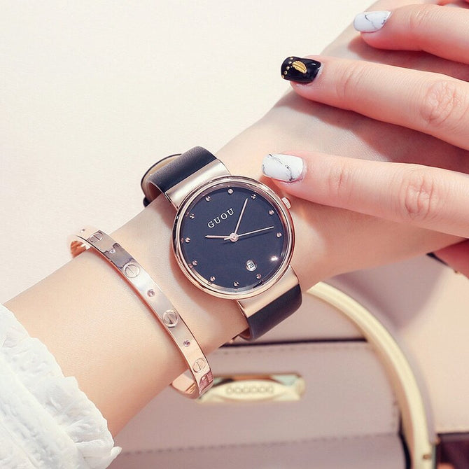 Guou 6001 Hong Kong girls quartz watch fashion temperament Rhinestone watch with calendar students versatile belt Watch Gift