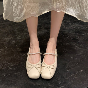 Women shoes Sheii Square Toe Bow Pearl Rhinestone Chain Mary Jane Shoes office lady casual shoes N1-105