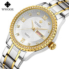 WWOOR 8856 Couple Watch Waterproof Luminous Watch Butterfly Snap Button Steel Strap Watch Strap Men's Diamond Gold Watch