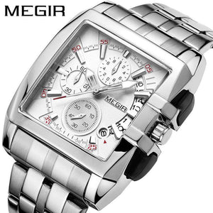 MEGIR steel strap men's watch sports outdoor fashion men's Square waterproof quartz men's causal Watch 2018