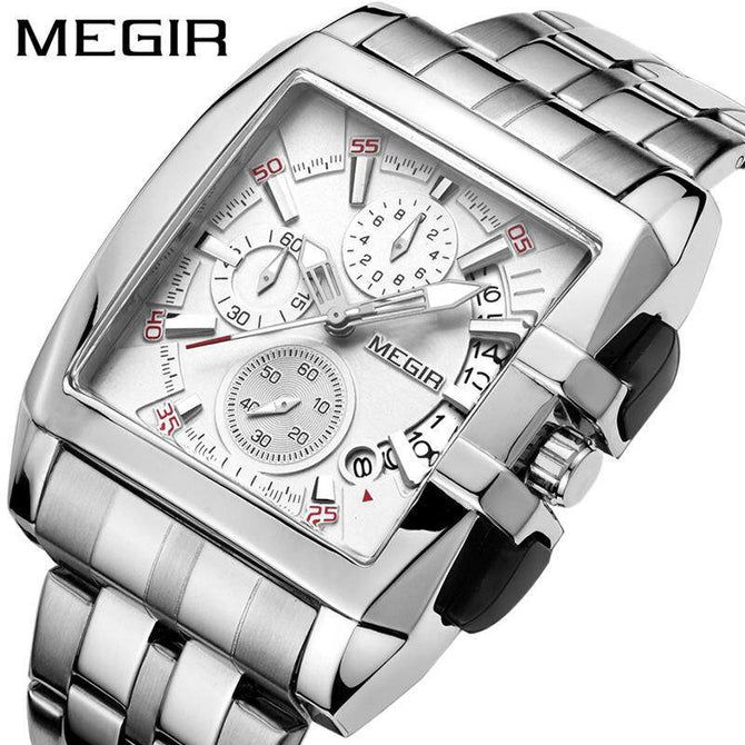 MEGIR steel strap men's watch sports outdoor fashion men's Square waterproof quartz men's causal Watch 2018