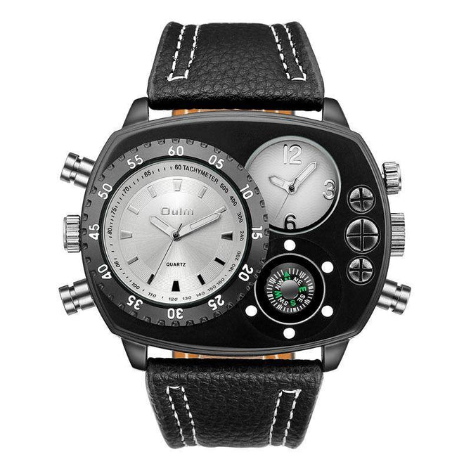 Oulm Dual Time Zone Fashion Men's Watch Quartz New Compass Leather Large Dial Men's Watch HP9865