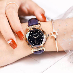 GUOU 6603 Sky Luxury Rose Mesh Steel Leather Quartz Analog Waterproof Watch Sky Stars Dial WristWatches Gifts for Women