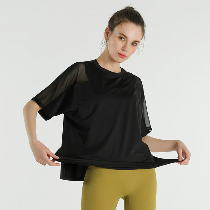 Fashion Quick-Drying Loose Elastic Running Smock T-shirt Mesh Stitching Sports Short Sleeve Fitness Yoga Wear Women
