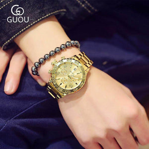 GUOU women's watch fashion trend large watch dial calendar Korean version steel band quartz watches for women men