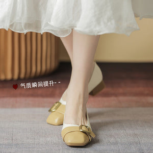 Square toe thick heel shoes women's 2022 new square buckle soft all-match shallow mouth mid-heel women's work shoes 1366-12