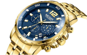 Megir 2068 Men's Gold Stainless Steel Quartz Watches Business Chronograph Analgue Wristwatch for Man casual Waterproof Luminous