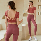 2022 new yoga clothes women's back short-sleeved cross-fit stretch sports fitness suit 216+181